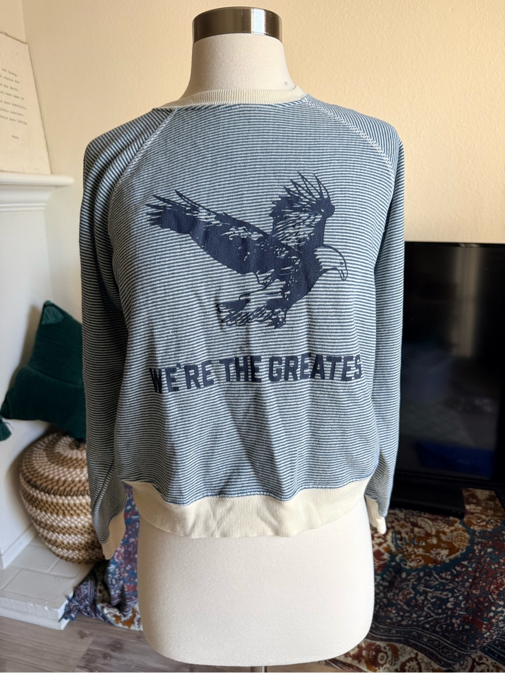 THE GREAT. Women's Blue Striped Eagle Graphic Crewneck Sweater with Cream Trim